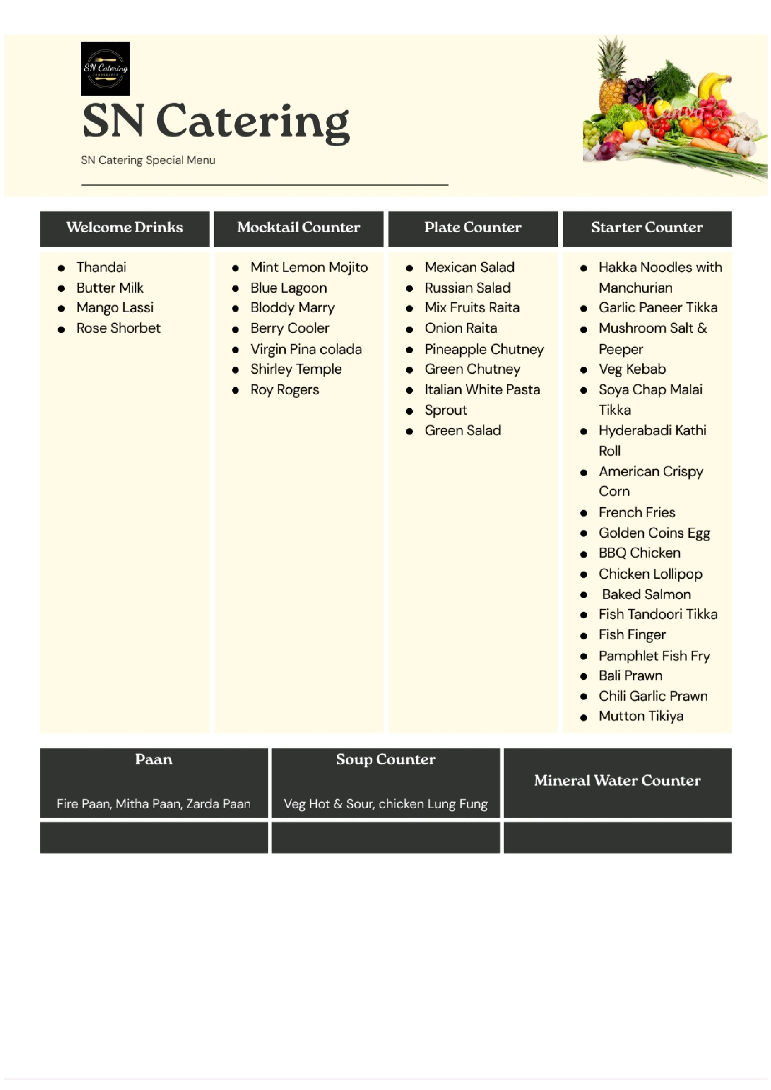 SN Catering Special Menu
